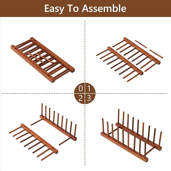 HBlife 2pcs Teak Dish Drying Rack Plates Holder Stand Kitchen Storage Cabinet Organizer for Dish/Plate/Bowl/Cup/Pot Lid/Cutting Board (8 Slots)