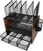 Wooden & Metal Desk Organizer – 4-Tier Vertical Desktop Storage with File Trays, Pen Holder & Drawer – Space-Saving Office & Home Workspace Organizer