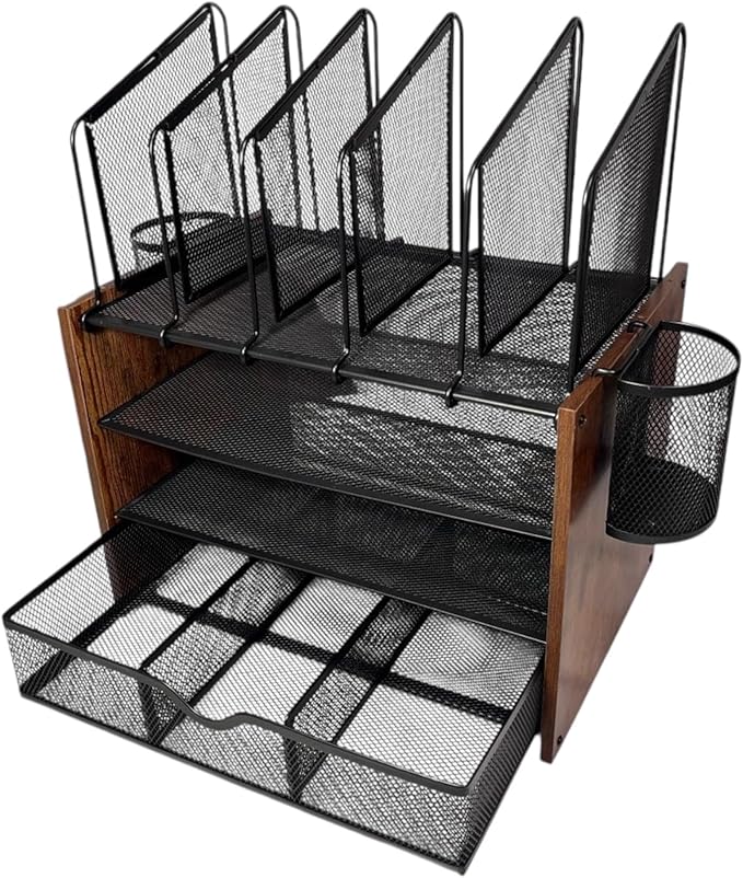 Wooden & Metal Desk Organizer – 4-Tier Vertical Desktop Storage with File Trays, Pen Holder & Drawer – Space-Saving Office & Home Workspace Organizer