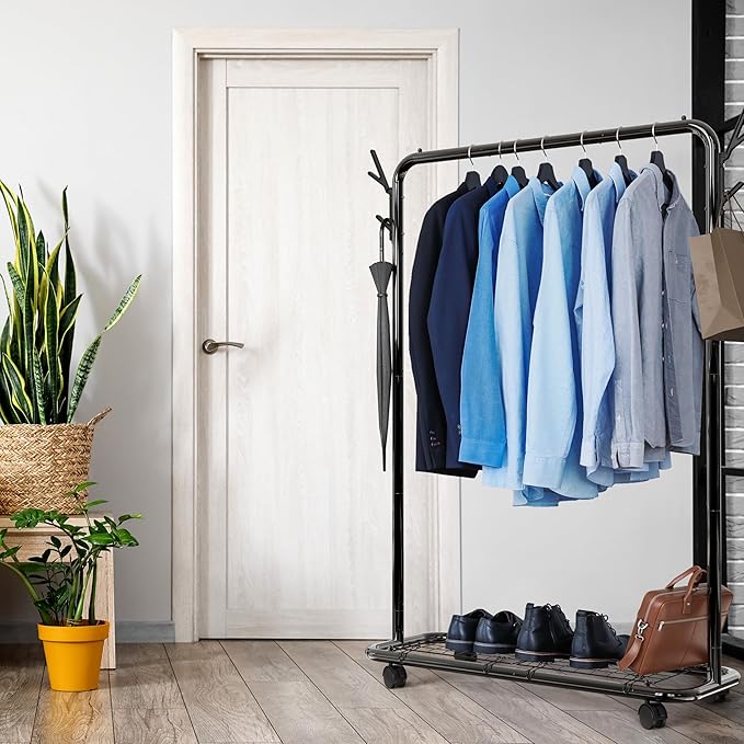 Simple Houseware Industrial Style Garment Rack with Wheels and Hooks, Black