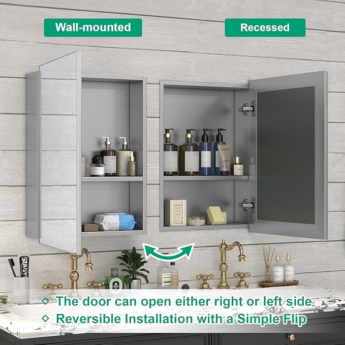 24 x 32 Farmhouse Medicine Cabinet for Bathroom, Silver Bathroom Mirror with Storage, Tempered Glass, Frameless Recessed or Wall Mount Aluminum Medicine Cabinet - Pre-Assembled