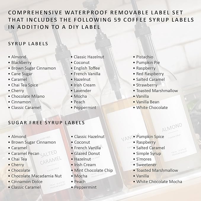 Demi's Home 25.4 oz 750 ml Glass Coffee Syrup Dispenser for Coffee Bar - 2 Pack - Comprehensive Label Set & ¼ oz Pumps Included