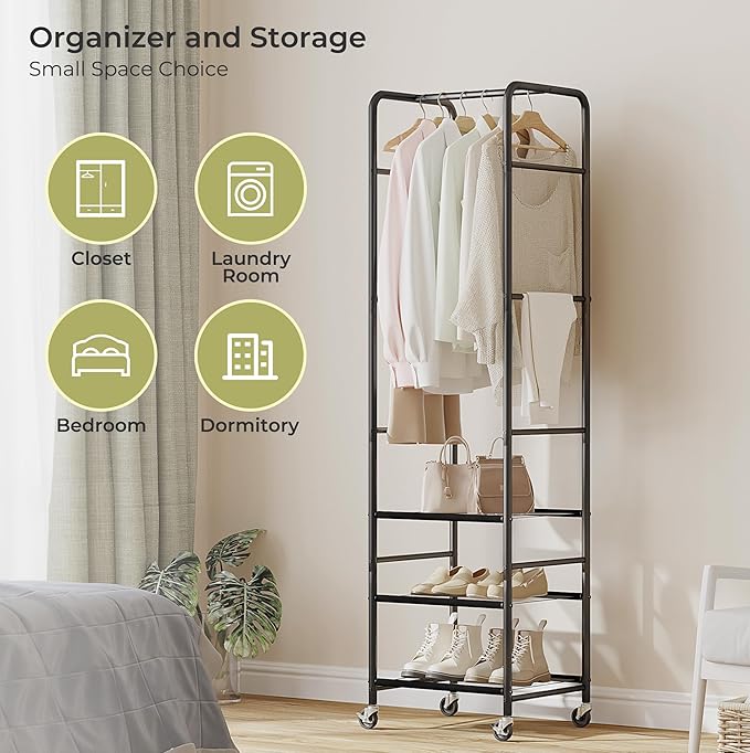 Small Clothes Rack with 3 Shelves, 72 Inches Tall Coat Garment Rack with Wheels, Display Clothing Racks for Hanging Clothes for Entryway, Hallway, Bedroom, Office, Living Room, Black
