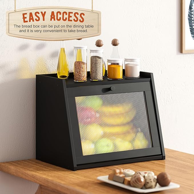 GHWIE Large Bread Box, Easy Access & Cleaning - Bamboo Bread Box for Kitchen Countertop with Acrylic Door (Black, Large)
