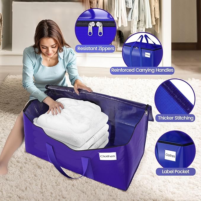 Moving Storage Bags, Moving Supplies Packing Boxes for Moving, Camping, College Dorm Room Essentials for Girls, Blue Tote Bags, Heavy-Duty Storage Bins With Lids And Zippers, 76L 4 Pack