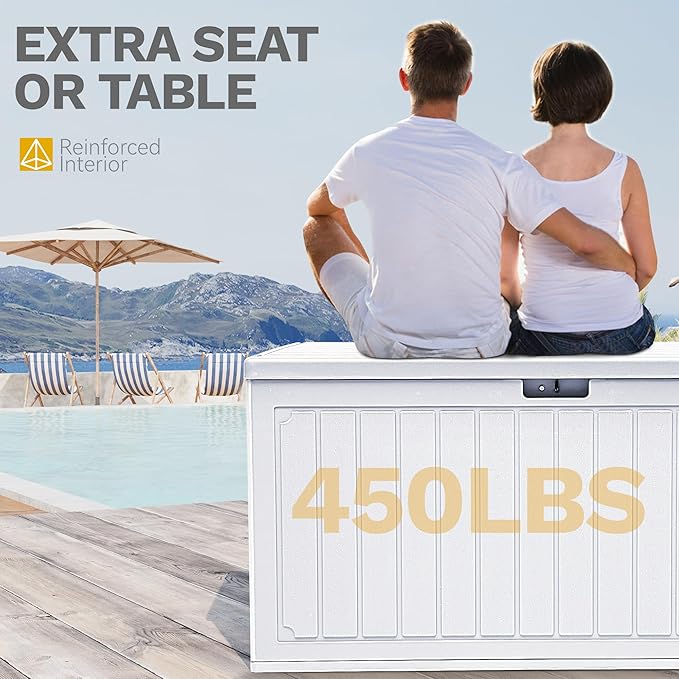 DWVO 90 Gallon Double-Wall Deck Box, Large Resin Outdoor Storage Box, Lockable & Waterproof, Double as Seating, 450lbs Capacity (Grayish-White)