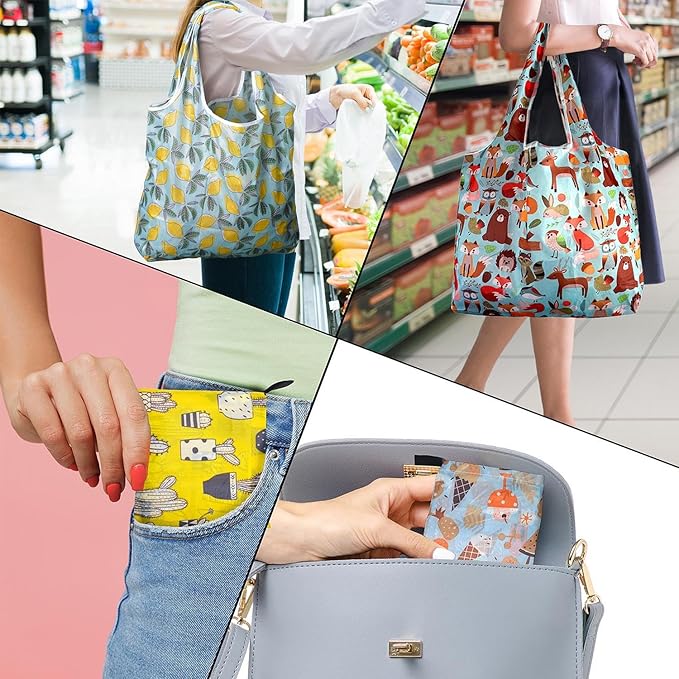 Reusable Grocery Bags, 6 Pack Foldable Shopping Tote Bags with Colorful Prints, Lightweight & Durable Washable Eco Friendly Totes for Groceries, Travel & Everyday Use