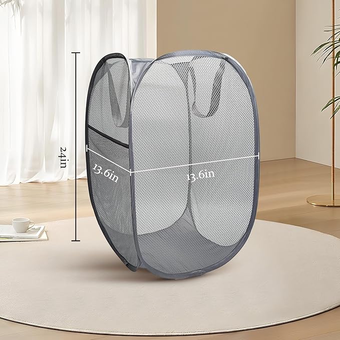 The upgraded pop-up laundry basket features a breathable side pocket mesh design, making it ideal for rooms, apartments, dormitories, travel, business trips, and children's storage(1, Gray)
