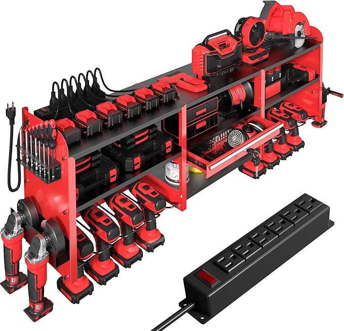 KSVO Large Power Tool Organizer Wall Mount with Locking Drawers, Grinder Holder, Hammer & Pliers Rack, & 6-Outlet Charging Shelf – Heavy Duty Metal Tool Storage for Garage & Workshop
