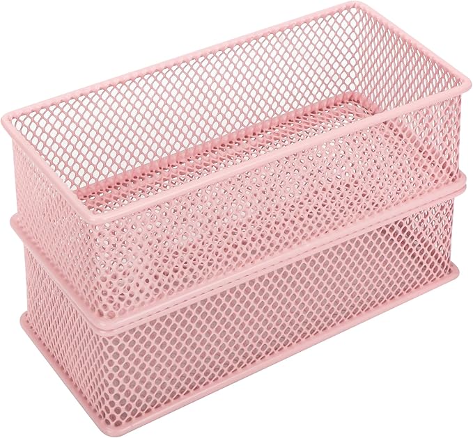 Annova Mesh Stackable Drawer Cabinet and Shelf Organizer Bins Storage Basket School Office Supply Holder Tray- Set of 2 (Light Pink, 3x6x2 Inch)