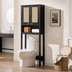 SICOTAS Over The Toilet Storage Cabinet with Rattan Door, Freestanding Bathroom Organizer with Adjustable Shelf, Space Saver Cabinet for Bathroom, Laundry Room, Restroom