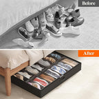 Lifewit Under Bed Shoe Storage Organizer 3 Pack(14 Pairs), 4.3" Tall Fabric Shoes Container Box, Foldable Closet Shoe Bag with 2 Reinforced Handles and Clear Cover, Black