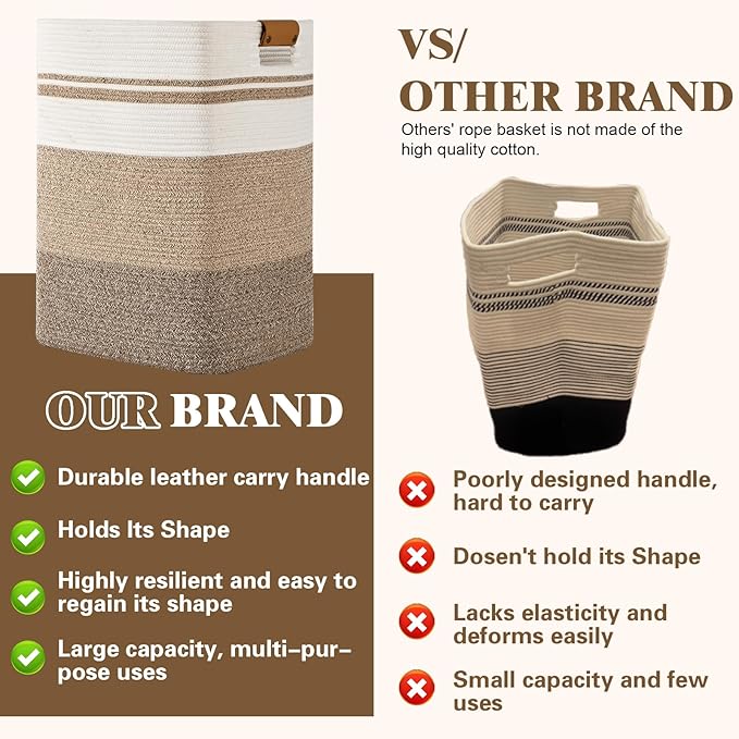 Laundry Hamper, 95L Tall Laundry Basket with Leather Handles, Rectangle Large Clothes Hamper for Organizing, Cotton Woven Laundry Baskets Storage Hampers for Bedroom, Nursery, Living Room