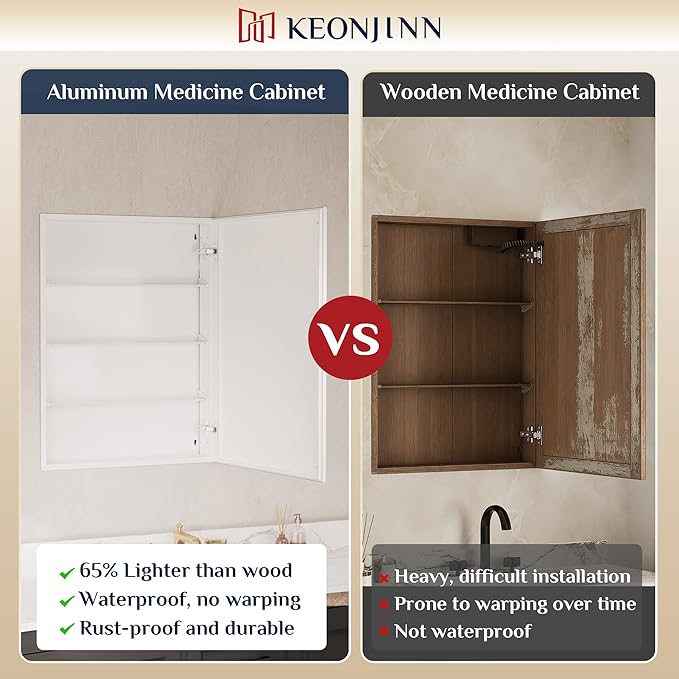 Keonjinn Small Medicine Cabinet Mirror 14" x 18", Assembly Needed, White Bathroom Medicine Cabinet with Mirror, Beveled Framed, Stepless Adjustable Shelf, One Shelf Only, Wall-Mounted or Recessed