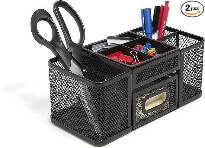 TRU RED Wire Mesh Desktop Organizer, 7‑Compartment Accessory Holder, Matte Black, 2‑Pack – Office Desk Storage
