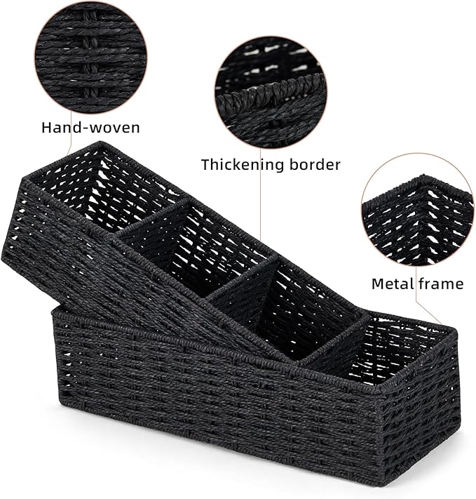 DULLEMELO Toilet Paper Basket for Organizing, Paper Rope Bathroom Baskets, Decorative Storage Bins for Countertop Bathroom Shelves, Set of 2,Black