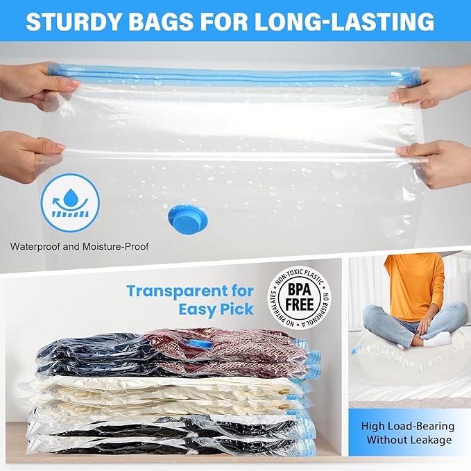 6Pack Thickened Space Saver Vacuum Storage Bags for Clothes with Hand Pump, (2 Jumbo+2 Large+2 Medium) Vacuum Sealed Bags for Clothing, Comforters and Blankets