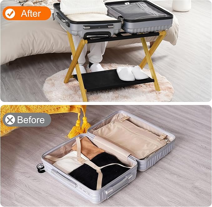 Heybly Luggage Rack, Folding Suitcase Stand with Storage Shelf, Heavy-Duty Luggage Holder for Guest Room Bedroom Hotel, Holds up to 165 lb, Natural, HLR010N1