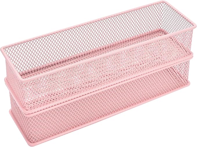 Annova Mesh Stackable Drawer Cabinet and Shelf Organizer Bins Storage Basket School Office Supply Holder Tray- Set of 2 (Light Pink, 3x9x2 Inch)