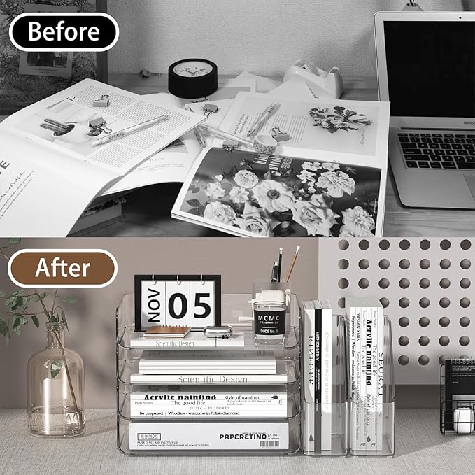 4-Tier Horizontal Acrylic Paper Tray Organizer with Bookends | Clear Stackable Desk Organizer for Documents, Letters, A4 Paper | Modern Office/Classroom/Home Organization