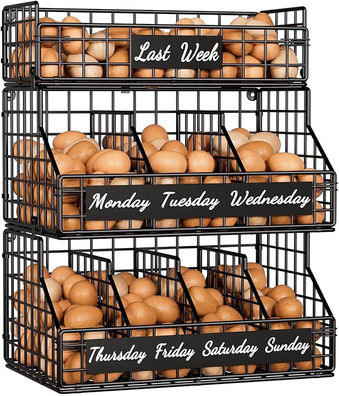Egg Holder Countertop with Dividers & Labels, 3 Tier Stackable Chicken Egg Holder Egg Baskets for Gathering Fresh Eggs, Egg Organizer for Egg Storage, Wall-Mounted, Black