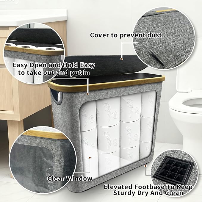 2025 Foldable Toilet Paper Basket with Lid,Large Capacity Holder for 9-12 Rolls, Stores Toilet Paper, Towels and Bathroom Essentials