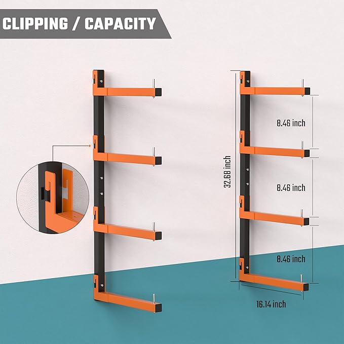 Lumber Storage Rack, Snap-Fit Connection Lumber Rack Wall Mount, Heavy Duty Metal 4 Level-32 Inch Wood Storage Rack