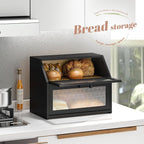 Bread Box for Kitchen Countertop Bin Double Layer Bread Box Storage Container Extra Large Capacity Farmhouse with Diamond Pattern Windows (Black, Large)