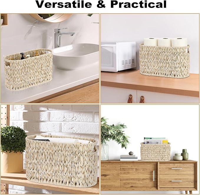 Sumnacon Toilet Paper Storage Basket Freestanding, Woven Toilet Paper Holder Stand with Handle, Decorative Narrow Bathroom Baskets Sturdy Plastic Organizer Bin for Tissue Rolls, Toiletries, Towels