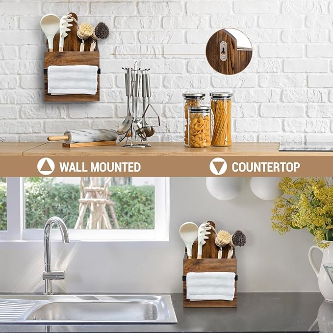 MyGift Rustic Wall Mounted Solid Wood Utensil Holder with Towel Bar – Cutting Board Style Kitchen Organizer Rack for Cooking Tools, Hanging Storage, and Dish Towels