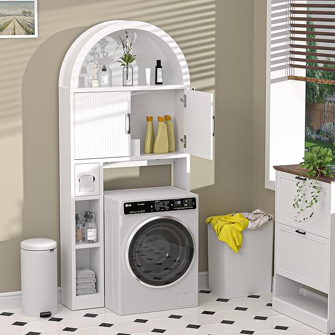 AHB Over The Toilet Storage Cabinet, Freestanding Bathroom Organizer with Adjustable Shelf and Anti-Tip Device, Arched Cabinet with Doors, Space-Saving Toilet Storage for Bathroom, Laundry, Mini Bar