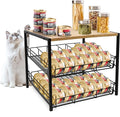 Bamboo & Iron Cat Food Organizer for Pantry, 2-Tier Can Stackable Storage Rack Holds 48 (3oz) Cans, Flat Top for Extra Storage, Automatic Slide-Down Perfect for Pet Food Cans