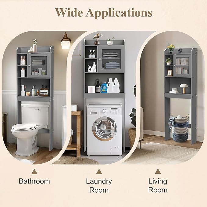 ZENY Over The Toilet Storage Cabinet, Bathroom Organizer with Adjustable Shelf and Double Doors, Freestanding Bathroom Space Saver Toilet Rack (Gray)