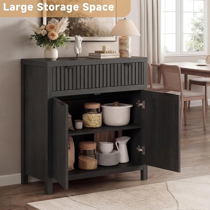 FLOWBACK Fluted Buffet Cabinet with Storage,34" Tall Kitchen Sideboard Cabinet Modern Credenza with Fluted Doors & Shelves Farmhouse Coffee Bar Media Console Accent Cabinets for Living Room, Entryway