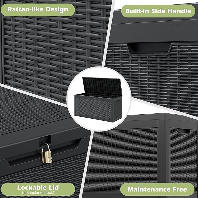 60 Gallon Outdoor Storage Box, Resin Deck Boxes Outdoor Waterproof For Patio Furniture, Garden Tools, Pool Supplies, Lockable And UV Resistant (Rattan Black)