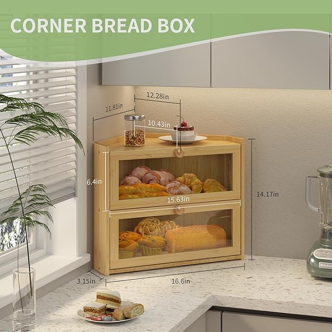 Bamboo Corner Bread Box for Kitchen Countertop, Large Bread Container Storage Bamboo Wooden Farmhouse Bread Box with Window Bread Holder