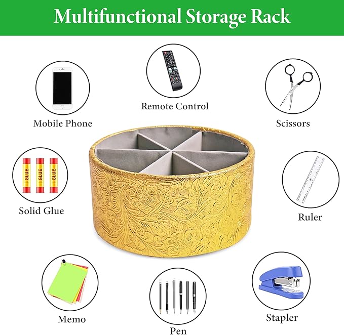 lizimandu Remote Control Holder, 360°Spinning PU Leather Desk TV Remote Caddy,Desk Storage Box Room Accessories for Controller, Media,Mail,Calculator, Mobile Phone,Pencil(1B-Carved5 Gold)