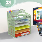 Docnest 6 Tier Mesh Desk Organizer for Paper Office Supplies – Multi-Functional Letter Tray with 5 Adjustable Compartments, 6 Pen Holders, Desktop Storage for Files, Mail, Stationery – Green