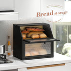 Bread Box for Kitchen Countertop Bin Double Layer Bread Box Storage Container Extra Large Capacity with Diamond Pattern Windows (Black, Extra Large)