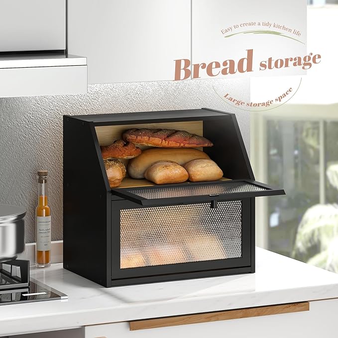 Bread Box for Kitchen Countertop Bin Double Layer Bread Box Storage Container Extra Large Capacity with Diamond Pattern Windows (Black, Extra Large)