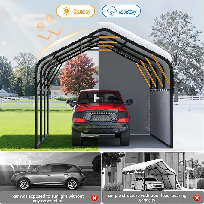 10x16 Metal Carport, Heavy Duty 2-Car Carport Canopy, CarPorts with Removable Polyethylene Sidewalls, Galvanized Steel Roof Car Tent Garage