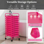 COSTWAY 10-Drawer Rolling Storage Cart, Utility Mobile Trolley with Removable Drawers & Universal Casters & 2 Brakes, Versatile Flexible Drawer Organizer Cart for Home, Office, Hot Pink