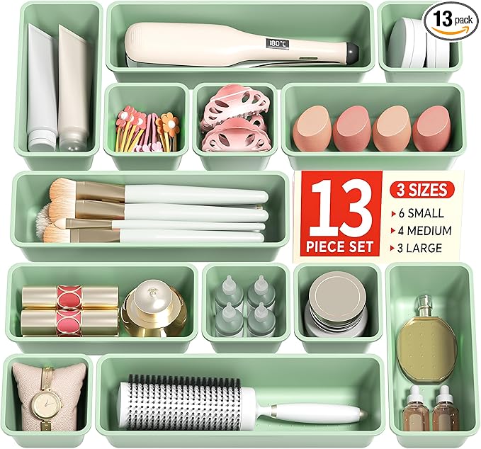 13 Pack Plastic Drawer Organizers Set, 3 Sizes Desk Drawer Organizer Trays for Vanity and Makeup Organizer, Organization and Storage for Makeup, Kitchen Utensils, Bathroom and Office(Green)