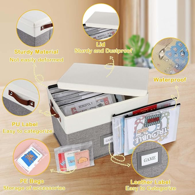 Board Game Organizer with 12pcs Zipper Bags and Writable Stickers, Storage with Lid for Office Supplies, Puzzles, Video Game, Craft Products