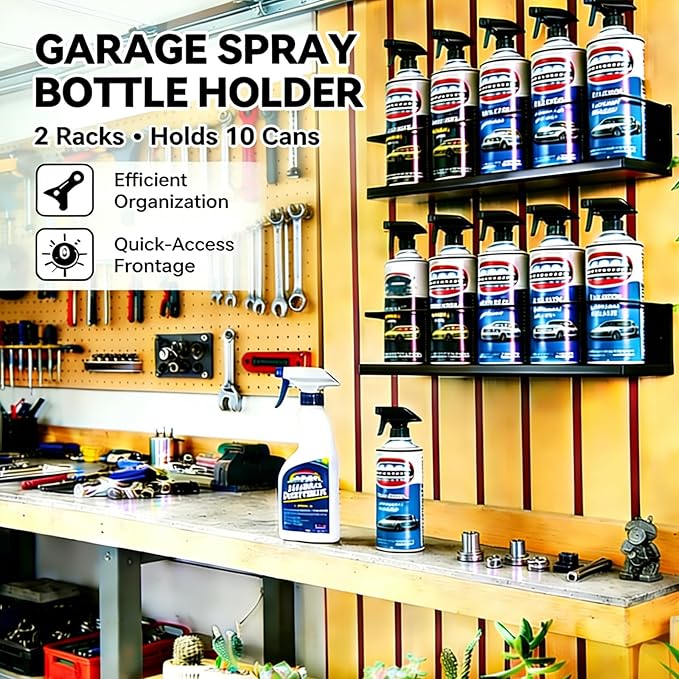 2 Pack Wall-Mounted Spray Bottle Holder, Heavy-Duty Steel Black Aerosol Can Storage Rack with 10 Holes, Spray Paint Can Organizer for Garage, Shop, Home, Tool Trailer & Service Truck