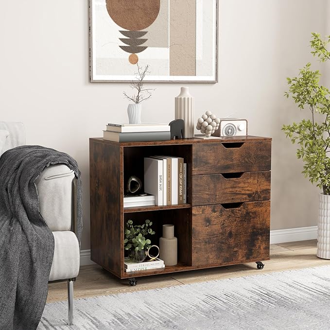 Giantex 3 Drawer File Cabinet, Office Storage Cabinet Fits Files Letter, A4, Legal Size, Rolling Printer Stand with Adjustable Shelf, Office Organization and Storage, Lateral Filing Cabinet (Brown)