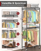 Clothes Rack - 33.0" x 12.2" x 79.5" Clothing Rack with Shelves & Wheels, Multi-Functional Wardrobe Closet with Hooks, Sturdy Metal Garment Rack for Bedroom, Laundry, Balcony (Black)