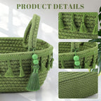Green Toilet Paper Basket Decorative Boho Cotton Rope Storage Basket Gift Empty Woven Bins with Handle Tassel for Toilet Tank Bathroom Accessories Organizer Decor Countertop Shelf Holder