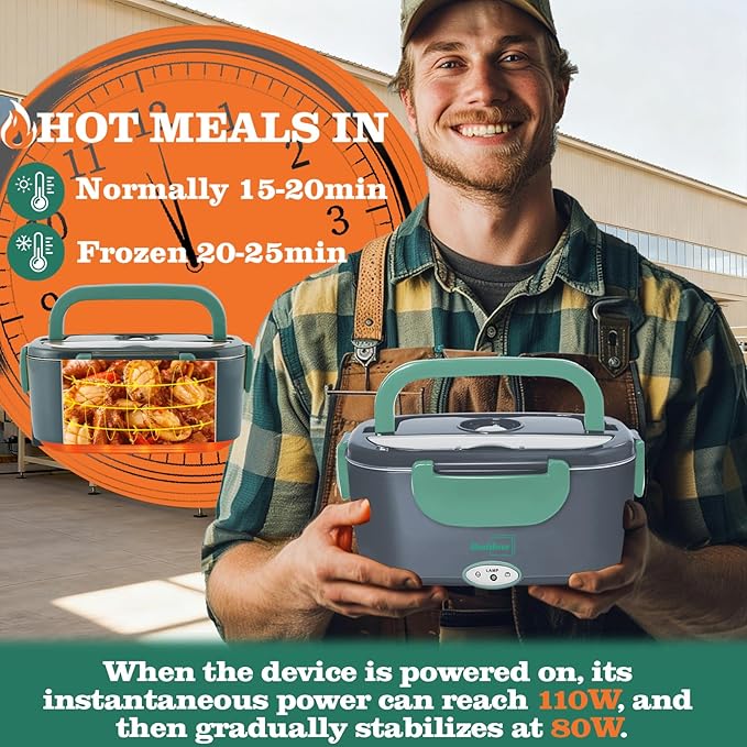 Buddew Electric Heated Lunch Box, 80W Fast Heating, 1.5L Food-Grade 304 Stainless Steel, 12V/24V/110V Portable Food Warmer for Car Truck Office Adults, Lonchera Electrica Portatil (Green)