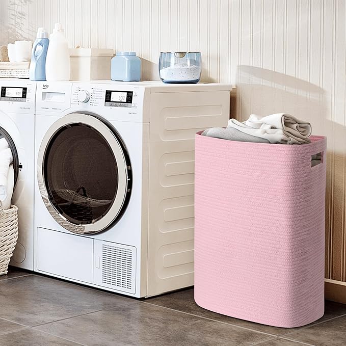 Large Laundry Hamper 16"x13"x22" - Tall Woven Laundry Basket, Cotton Rope Dirty Clothes Hamper, Baby Kids Nursery Wicker Laundry Basket, Bedroom Aesthetic, Soft Laundry Bin, Pink Hamper, 75L